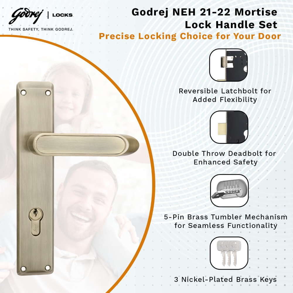 Godrej Mortise Lock|Handle Lock Set for Main & Internal Door of Home & Offices|NEH 21|Antique Brass Finish|8 inch Lockbody|60 mm Cylinder Key from Outside knob from Inside with 3 Keys|5 Years Warranty